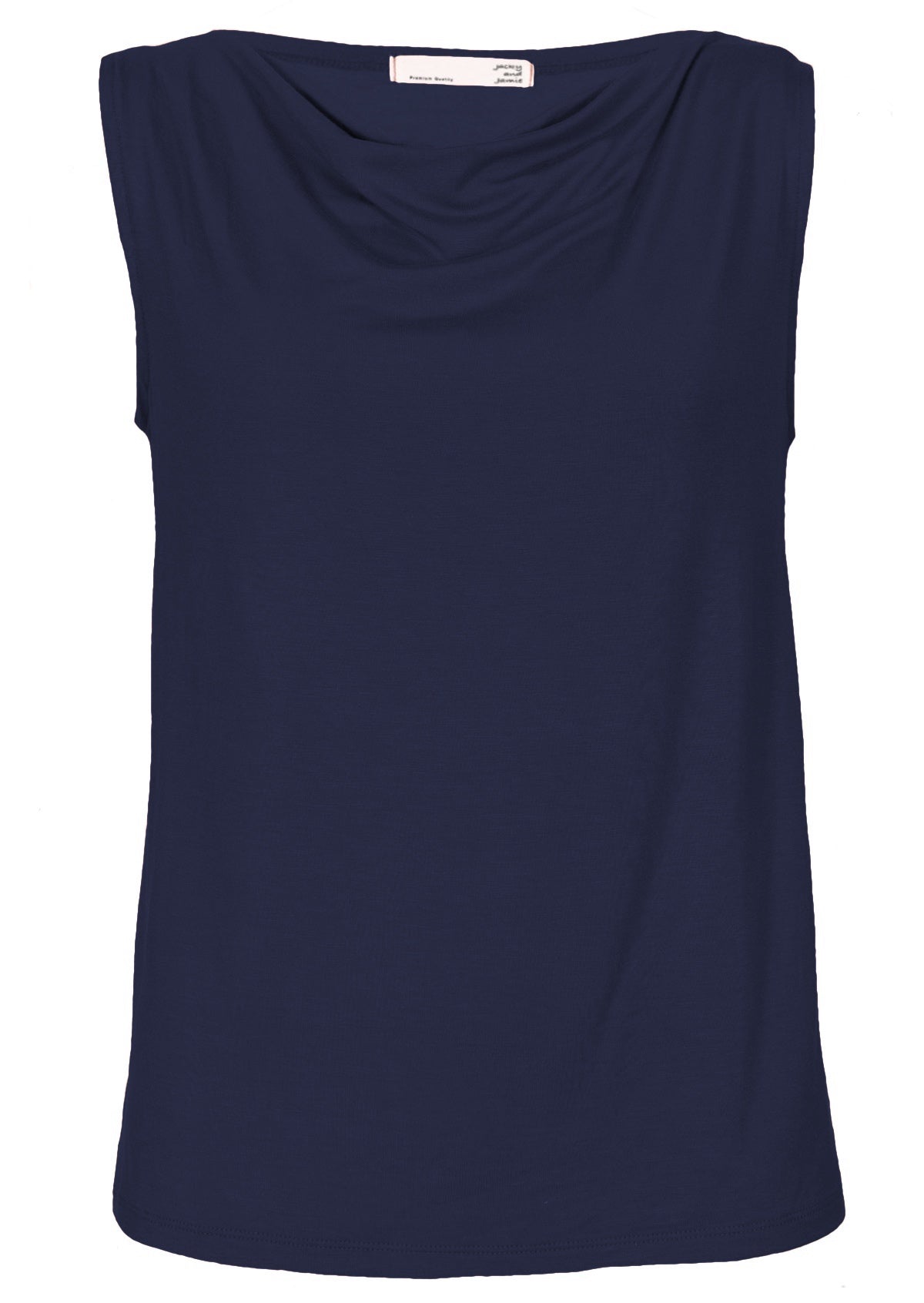 Front view navy blue cowl neck rayon singlet top