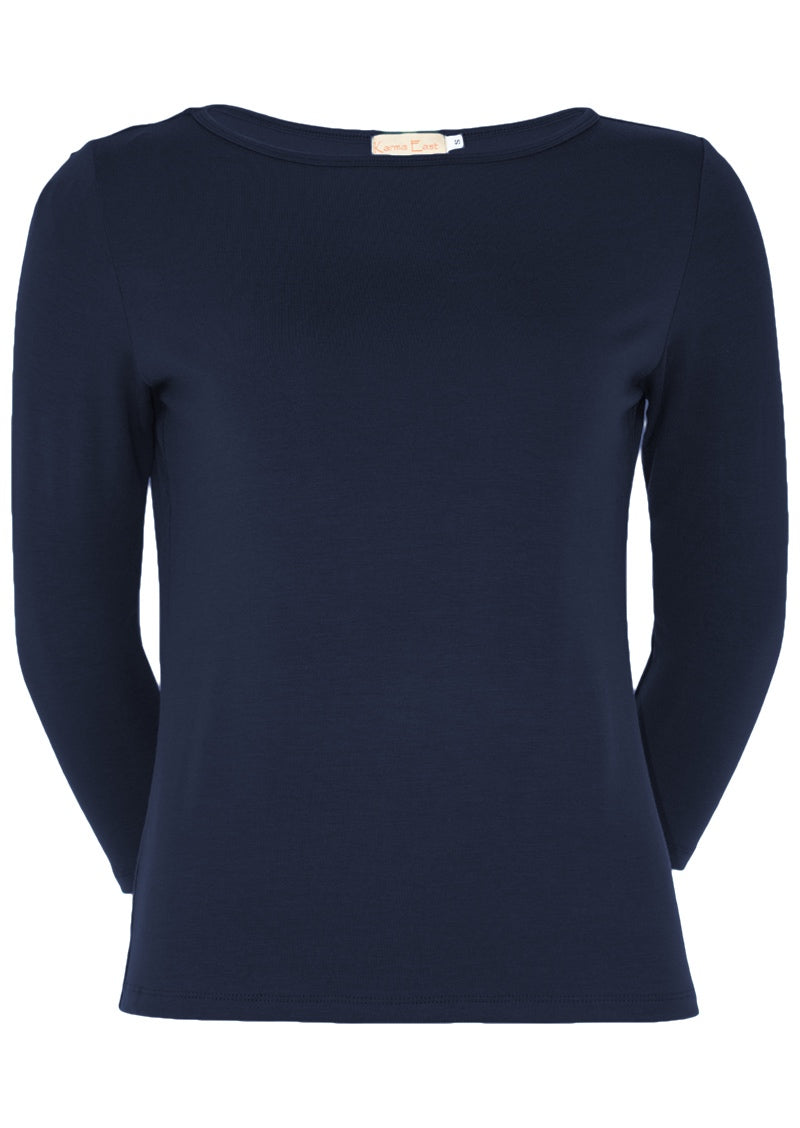 Front view of women's rayon boat neck navy blue 3/4 sleeve top.