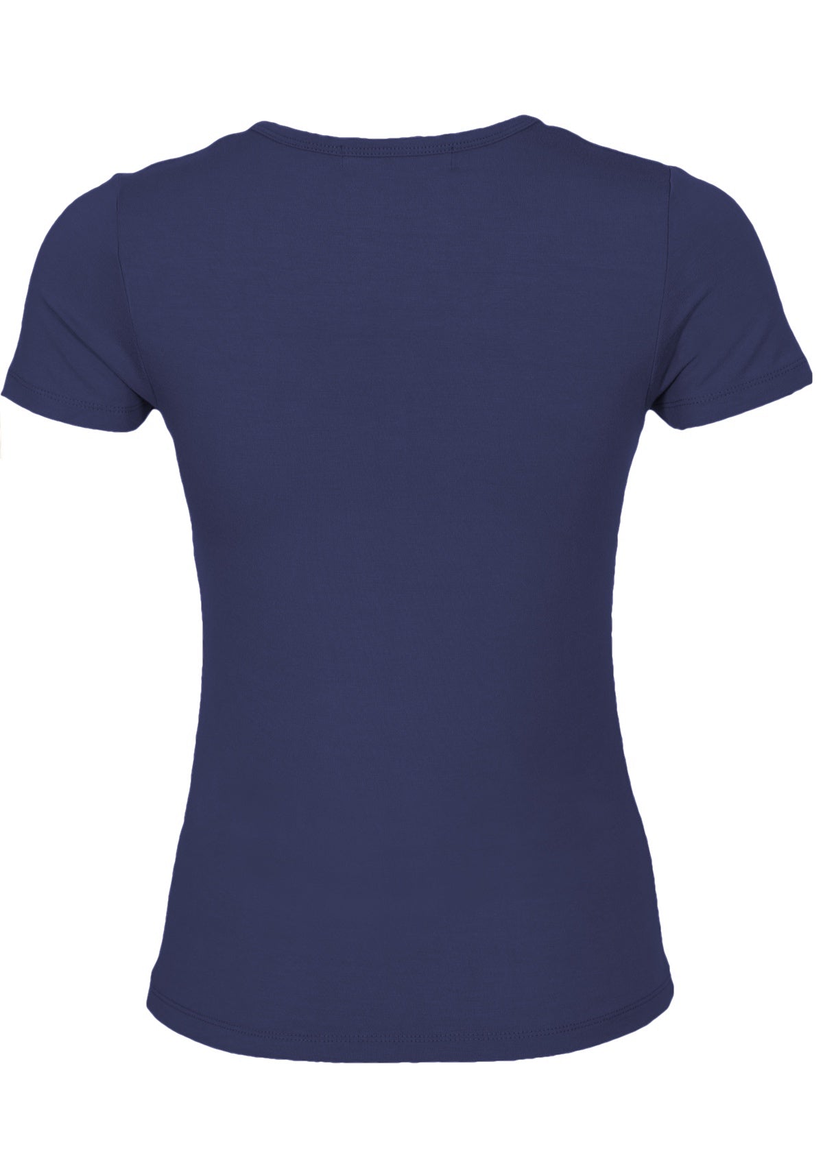 Back view women's scoop neck navy blue rayon fitted t-shirt.