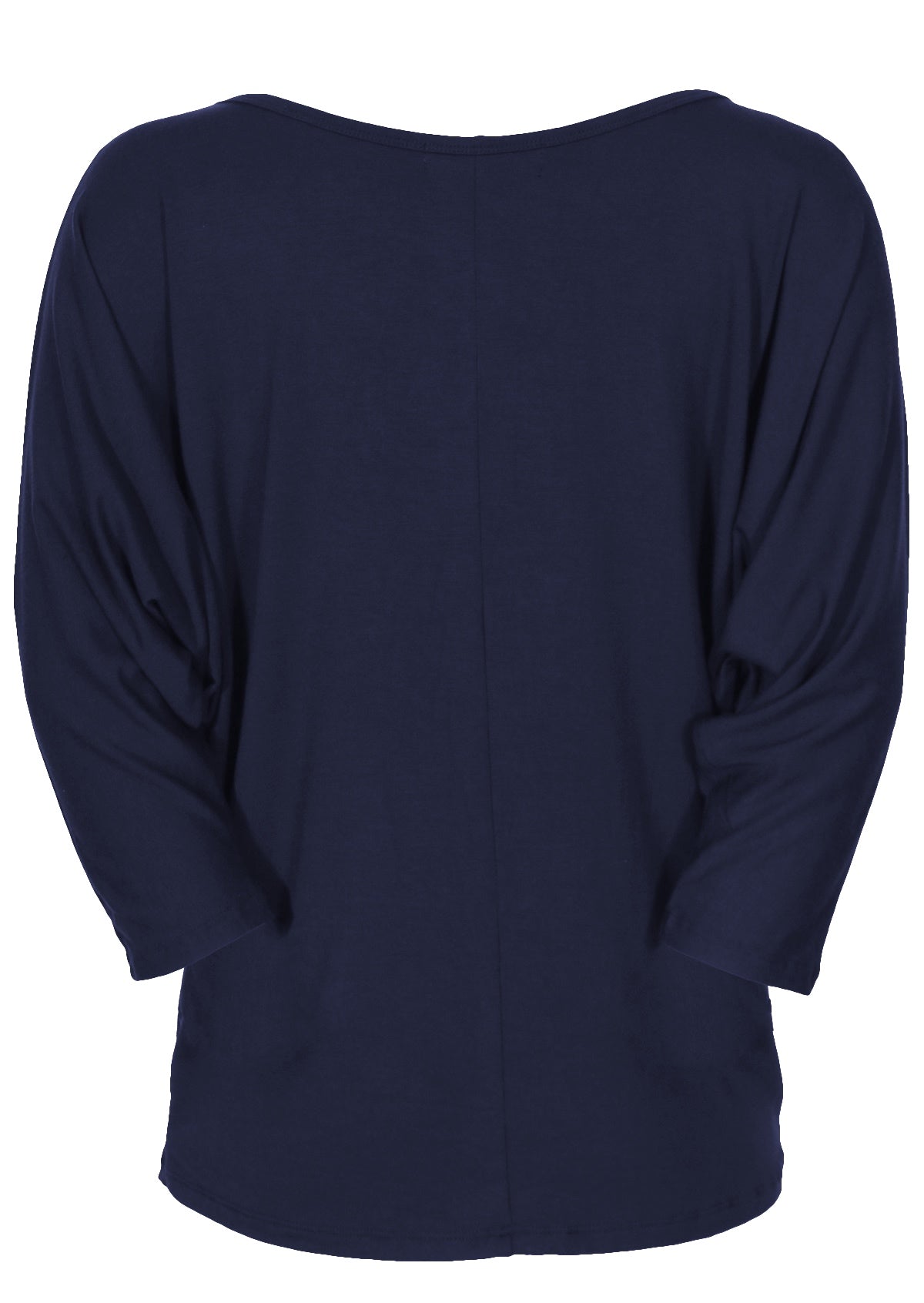 Back view of a women's 3/4 sleeve rayon batwing round neckline navy blue top.
