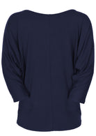 Back view of a women's 3/4 sleeve rayon batwing round neckline navy blue top.