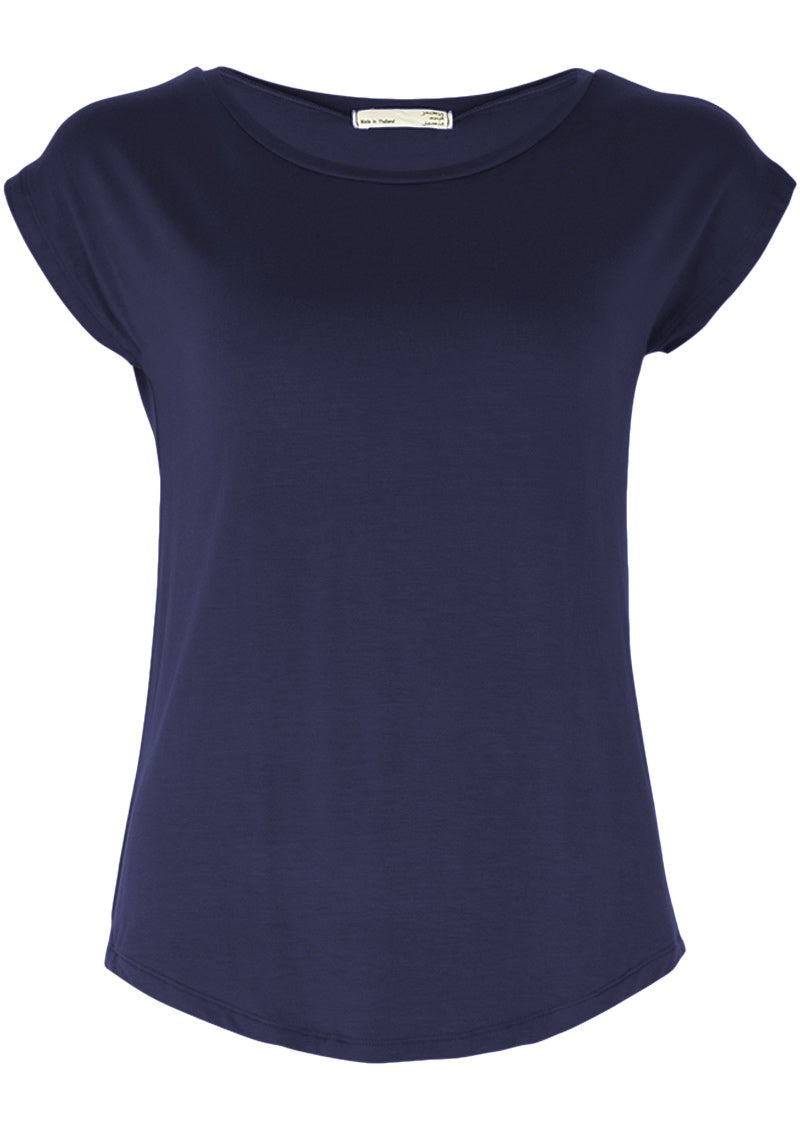 Front view women's navy blue rayon jersey t-shirt.