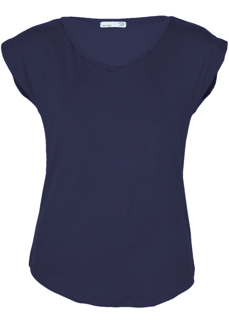 Front view of a women's navy blue v-neck short cap sleeve rayon top