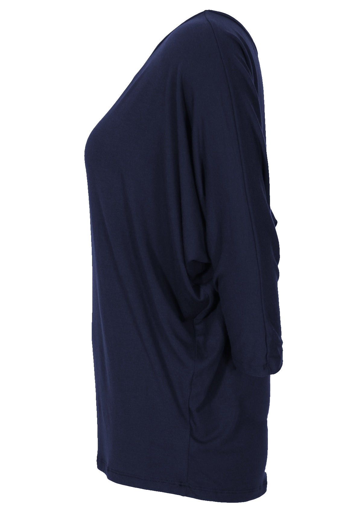 Side view of women's 3/4 sleeve rayon batwing round neckline navy blue top.