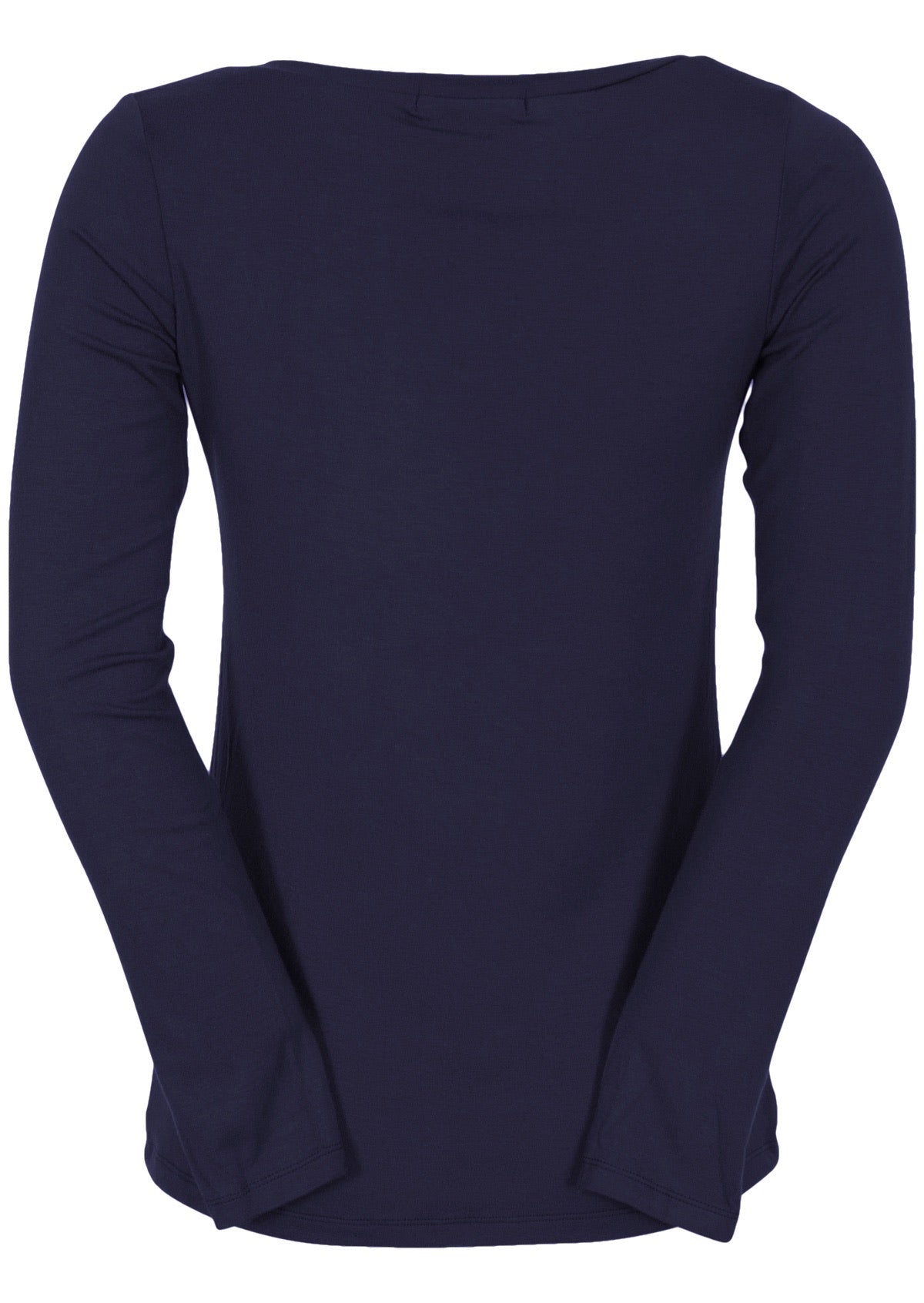 Back view of women's navy blue long sleeve stretch v-neck soft rayon top.
