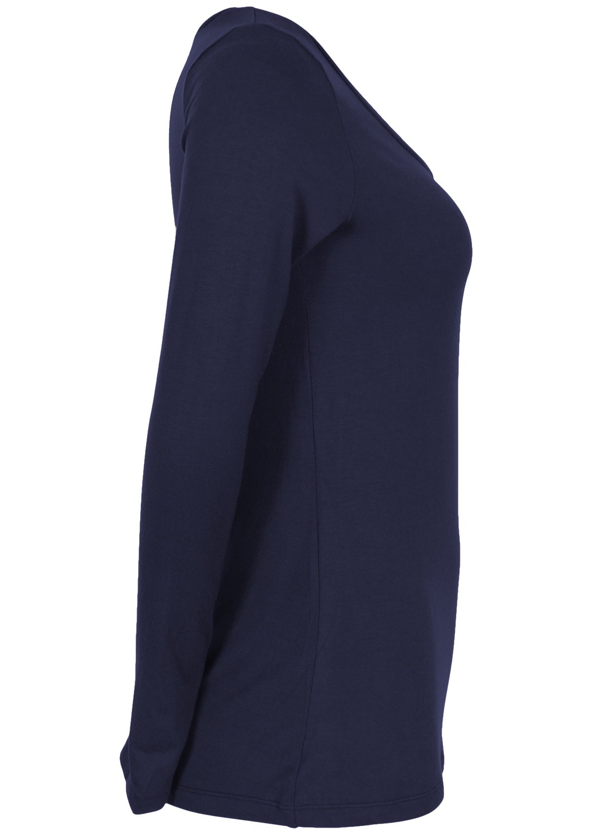 Side view of women's navy blue long sleeve stretch v-neck soft rayon top.