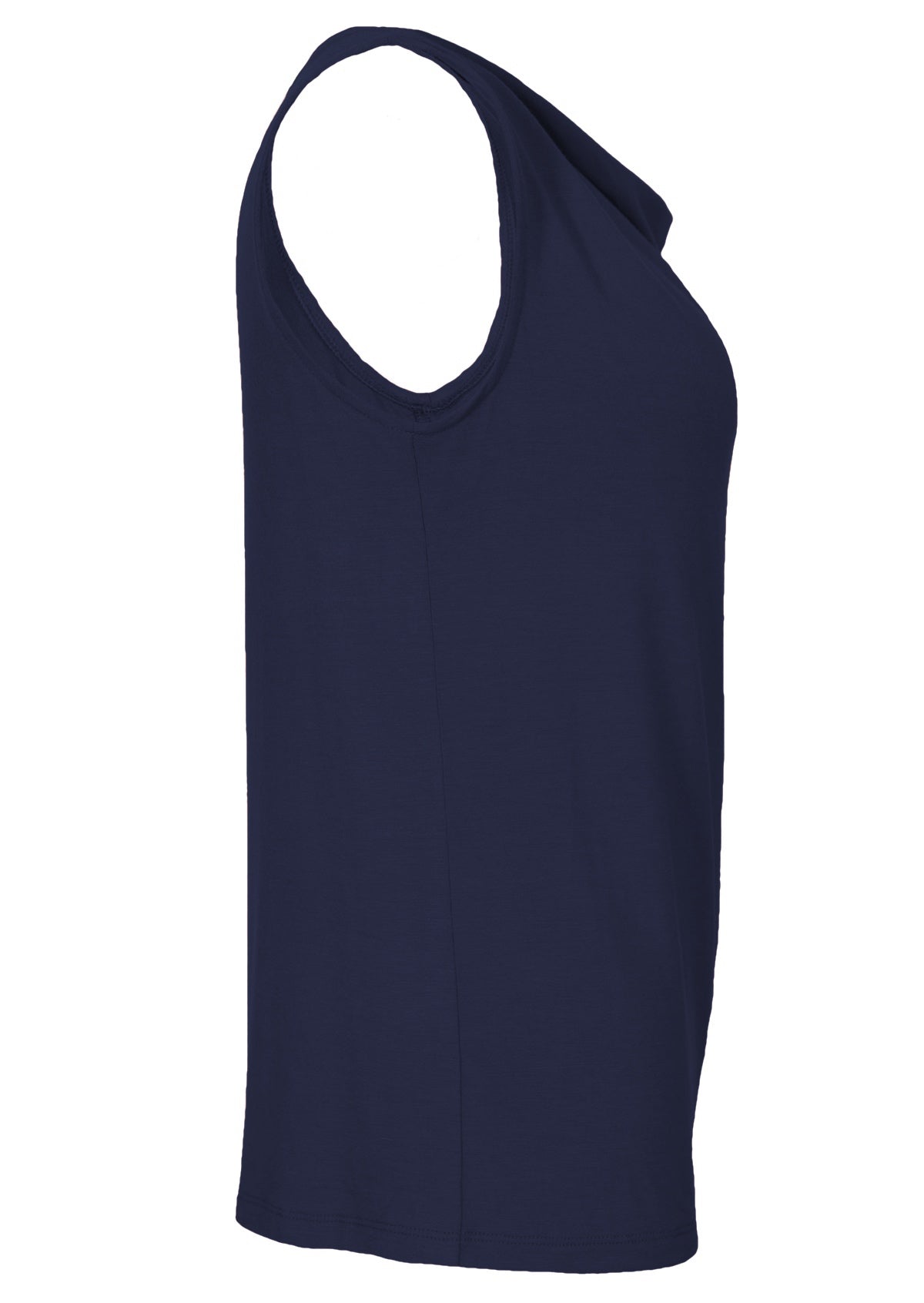 side view sleeveless stretch rayon top navy blue