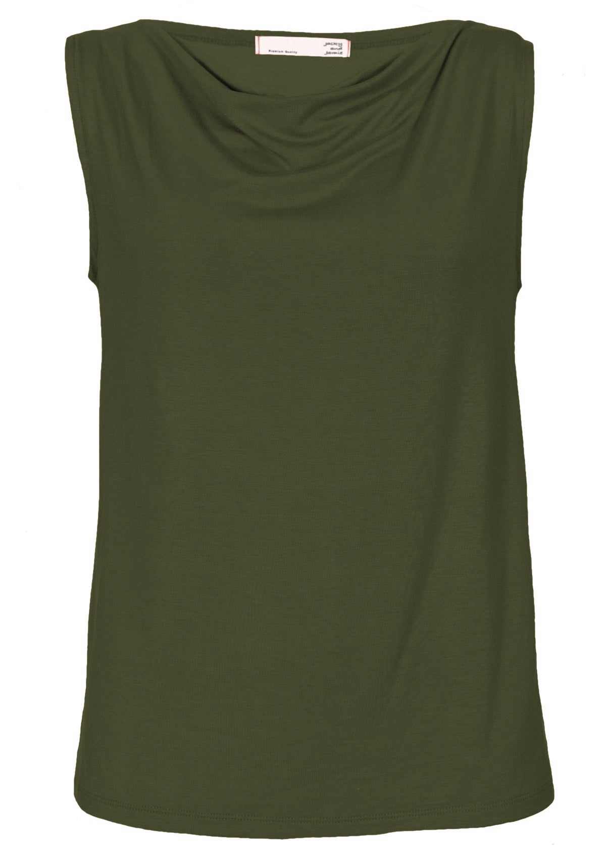 Front view olive green cowl neck rayon singlet top