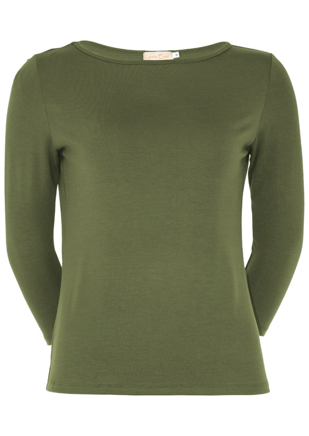 Front view of a women's rayon boat neck olive green 3/4 sleeve top.