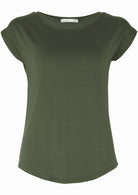 Front view of women's olive rayon jersey t-shirt.