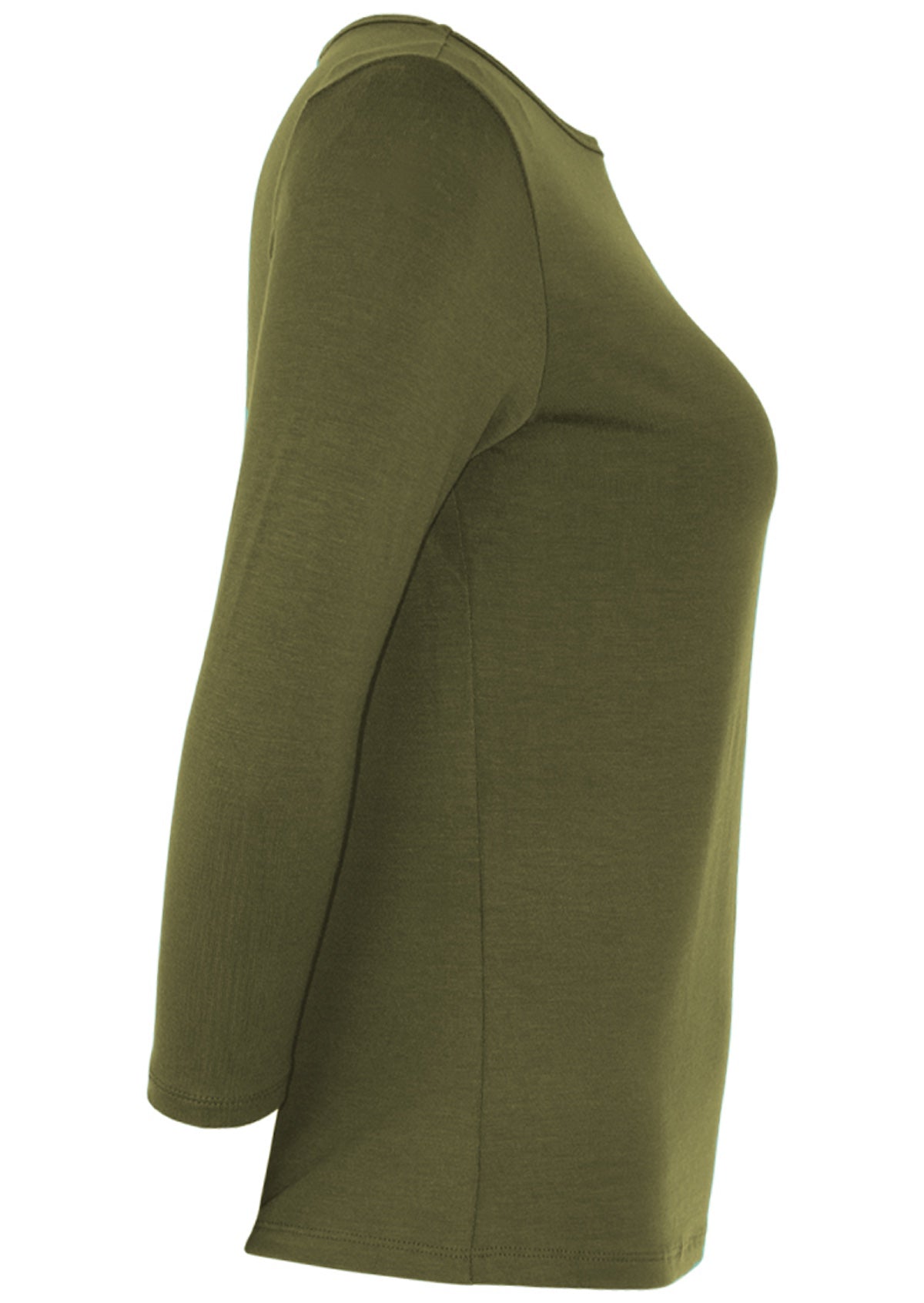 Side view of women's rayon boat neck olive green 3/4 sleeve top.