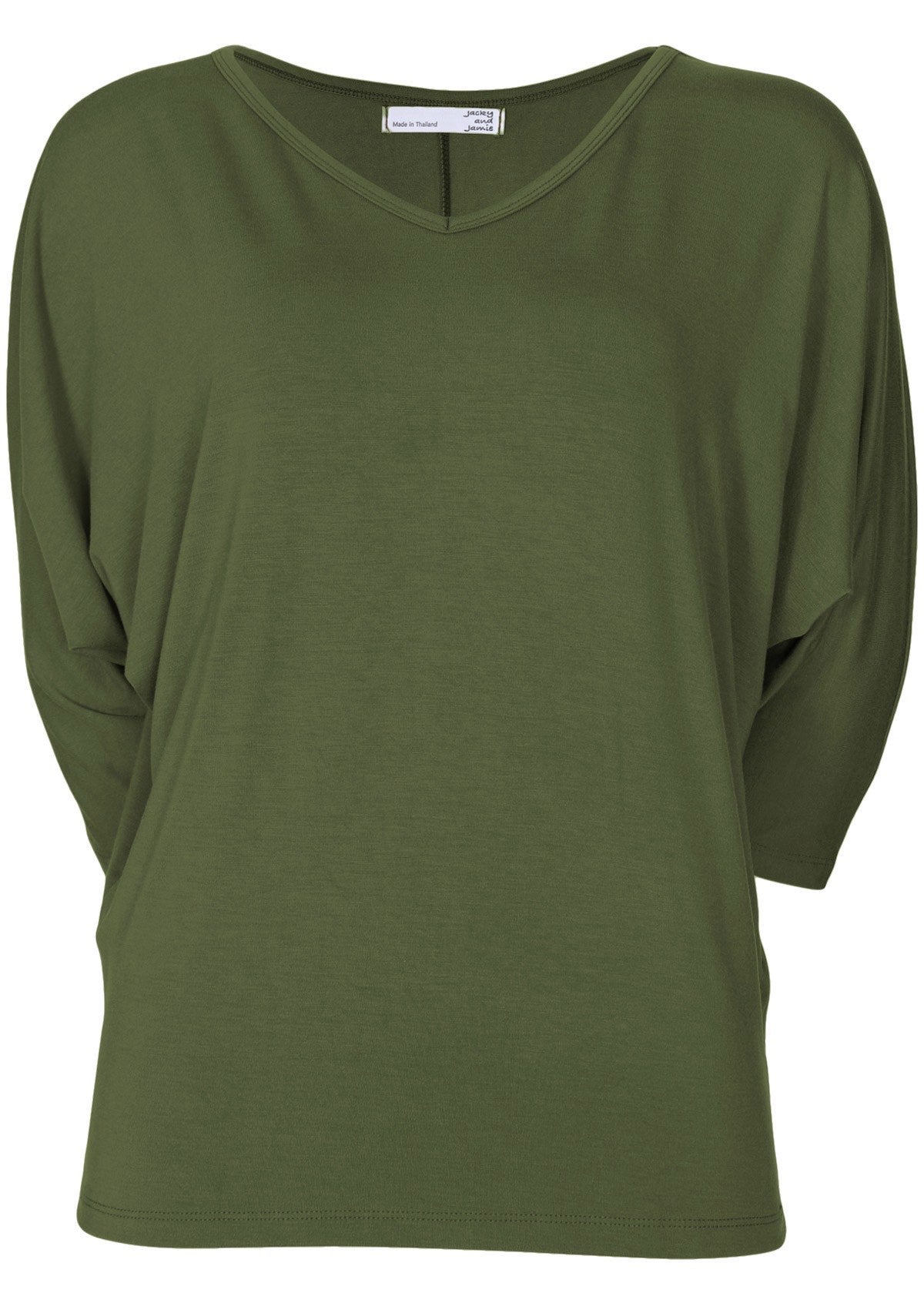 Front view of women's 3/4 sleeve rayon batwing v-neck olive top.