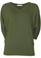 Front view of women's 3/4 sleeve rayon batwing v-neck olive top.