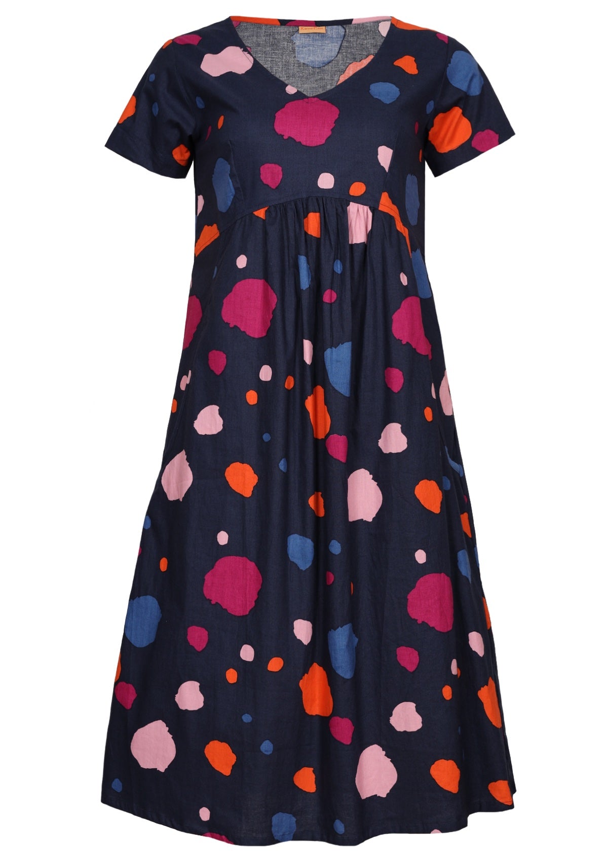 V-neck 100% Cotton Womens Dress in colorful splotchy print on navy base.