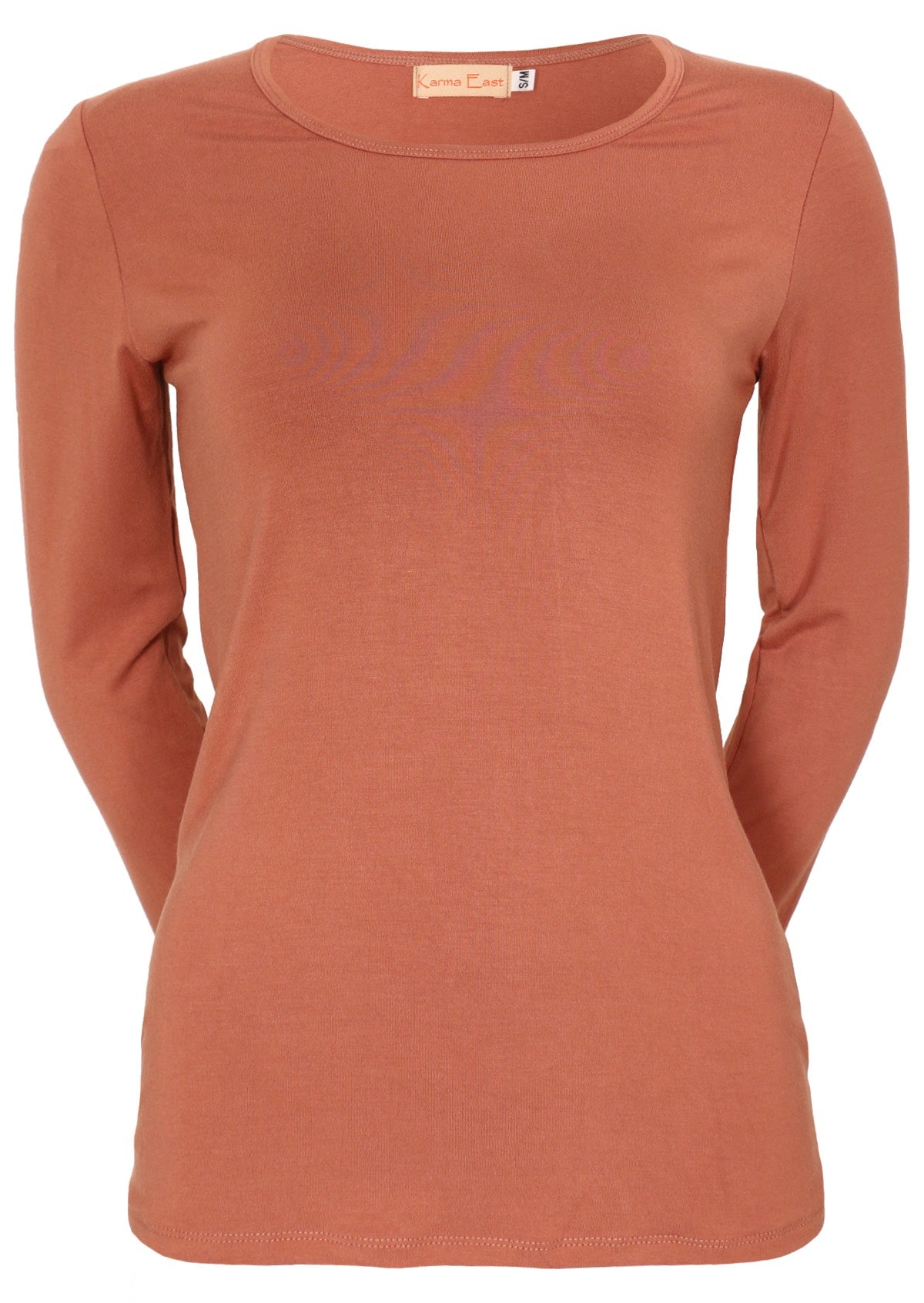 Front view women's round neck dusty pink long sleeve rayon top.
