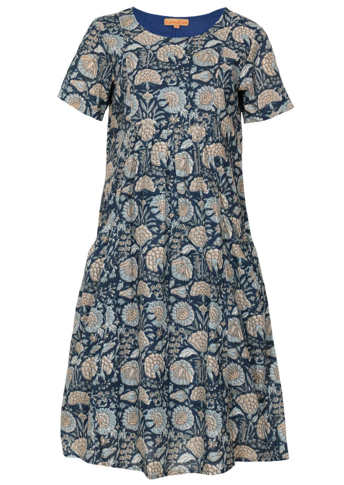 Blue and taupe floral print with white highlights on a dark blue base cotton dress