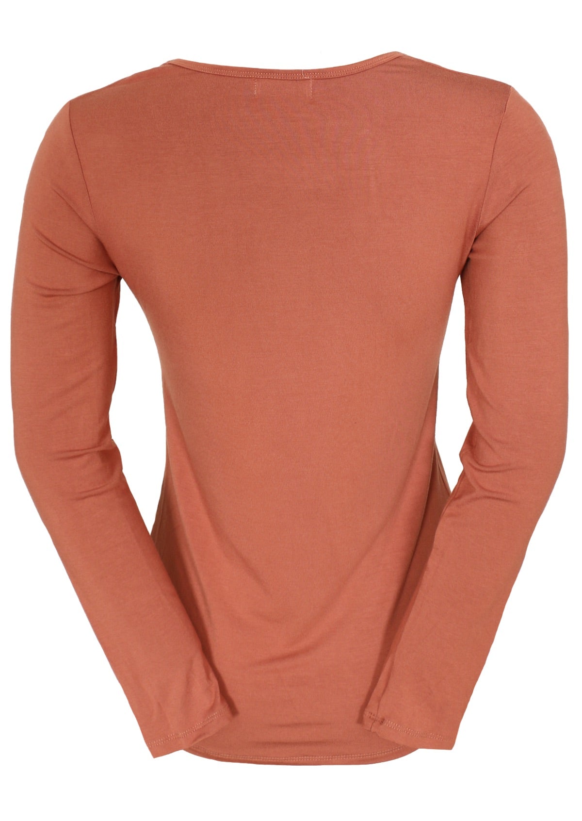 Back view of women's round neck dusty pink long sleeve rayon top.