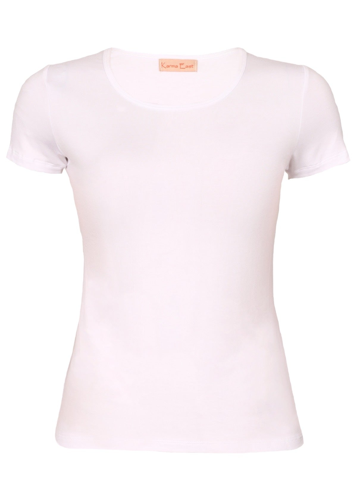 Front view basic short sleeve white rayon women's t-shirt.