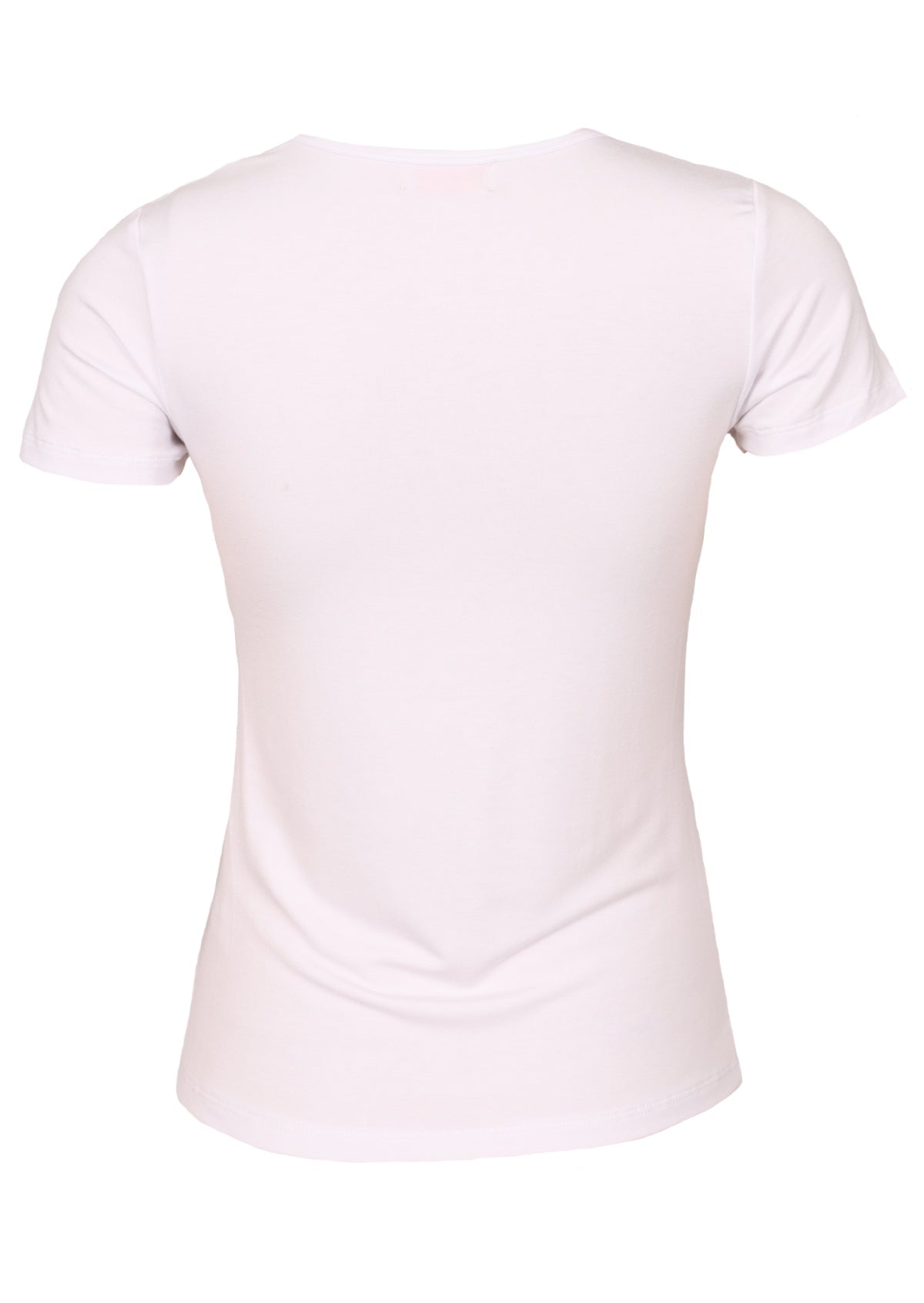 Back view soft stretch rayon white t-shirt.