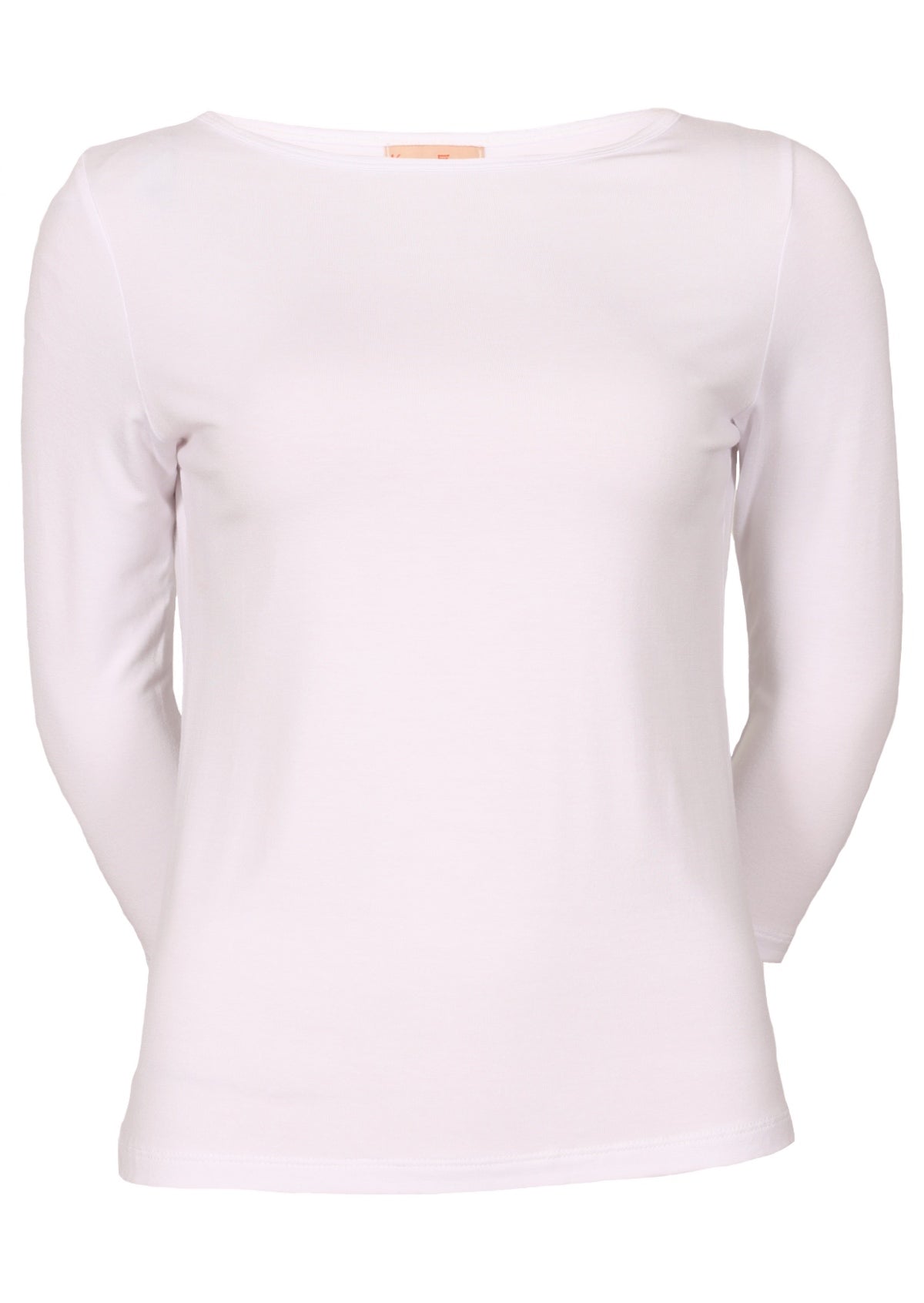 Front view of women's rayon boat neck white 3/4 sleeve top.