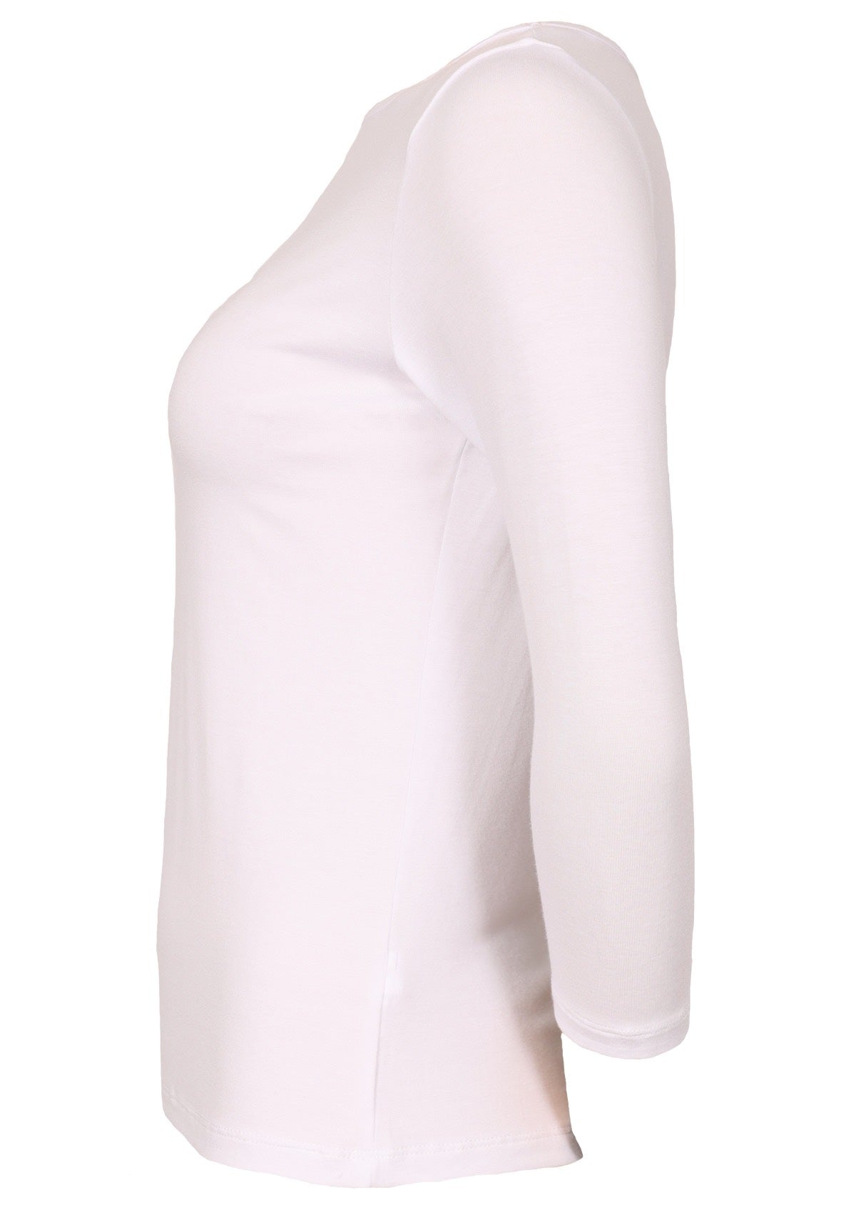 Side view of women's rayon boat neck white 3/4 sleeve top.