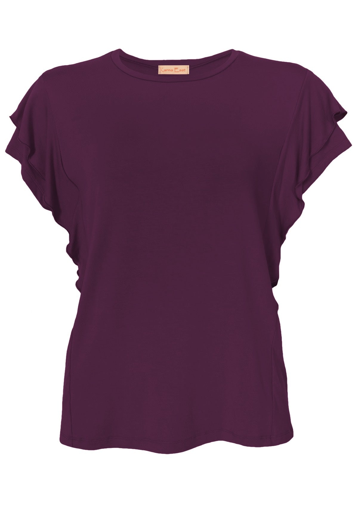 Front view of purple ruffle sleeve women's jersey top.