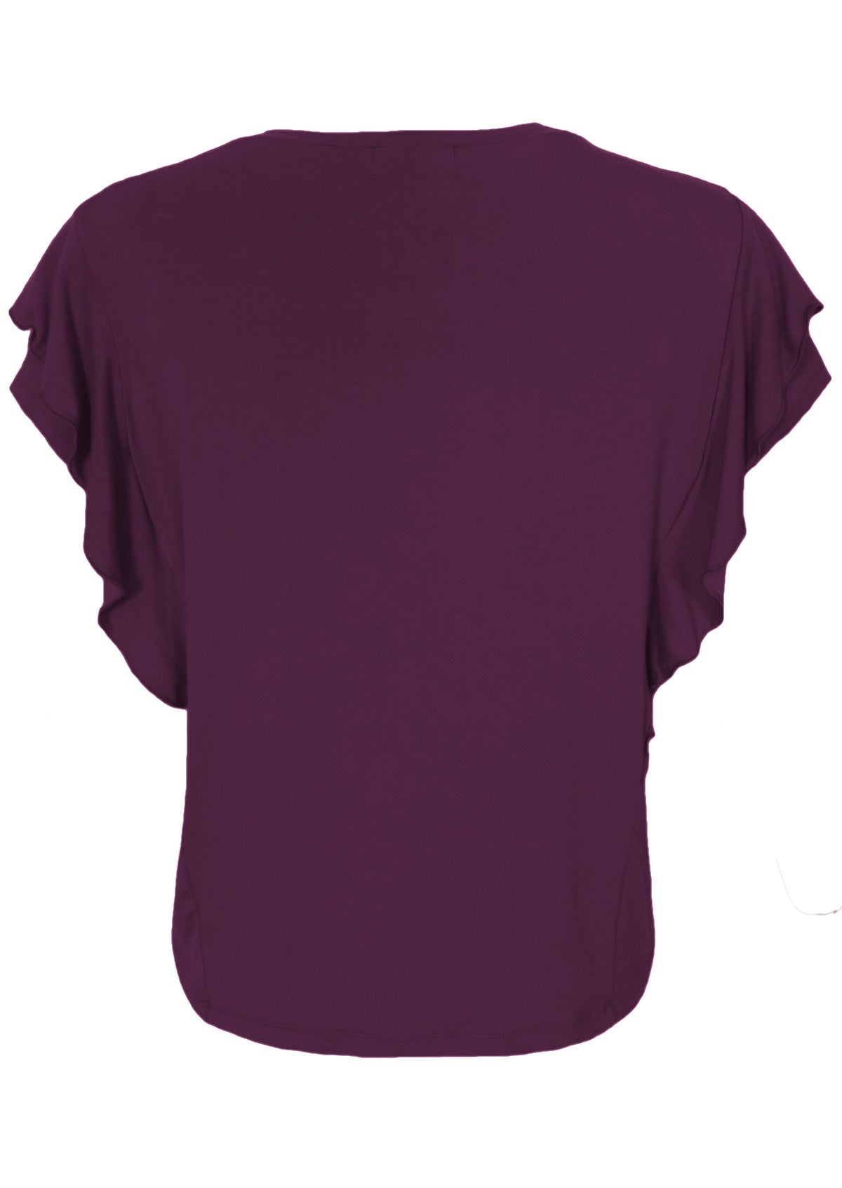 Back view loose fit women's purple rayon top.