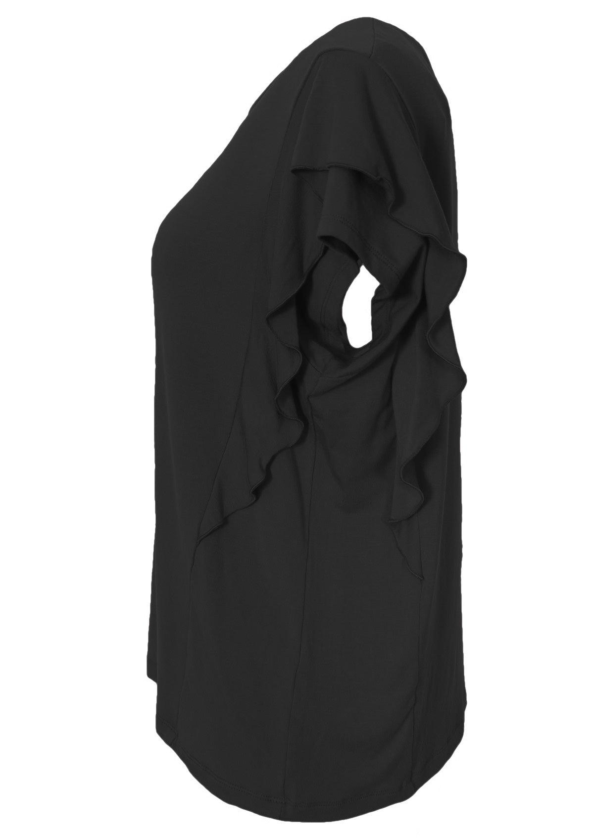 Side view cap sleeve black ruffle detail top over white background.
