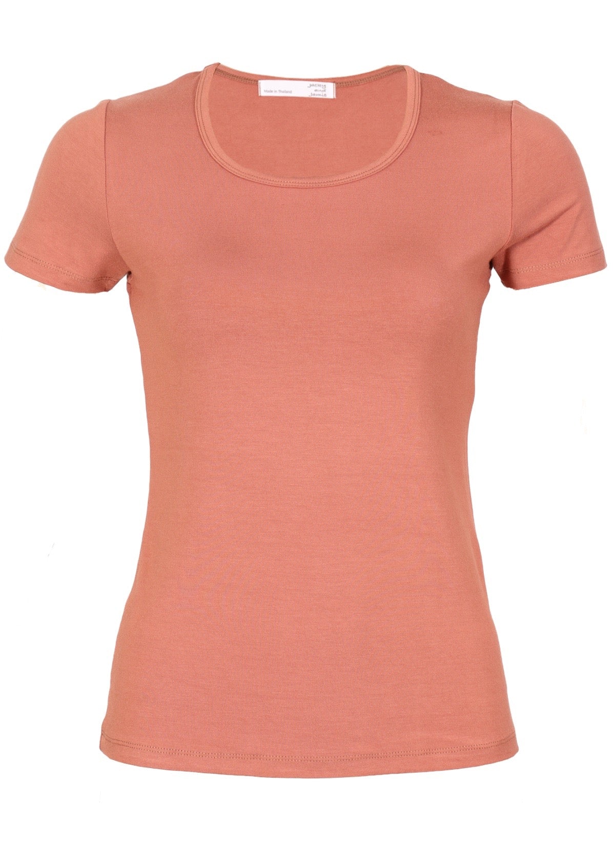 Women's scoop neck dusty pink rayon fitted t-shirt on white background.