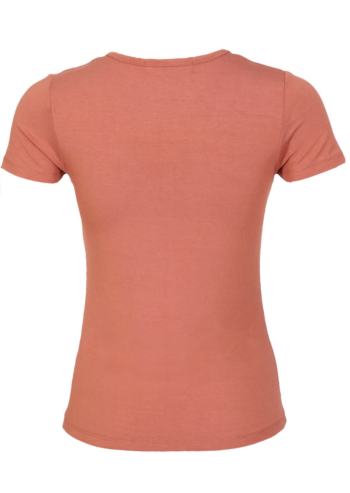 Back view fitted soft dusty pink rayon t-shirt.