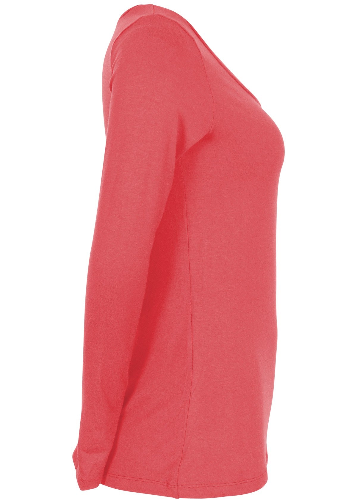 Side view of women's rose pink long sleeve stretch v-neck soft rayon top.