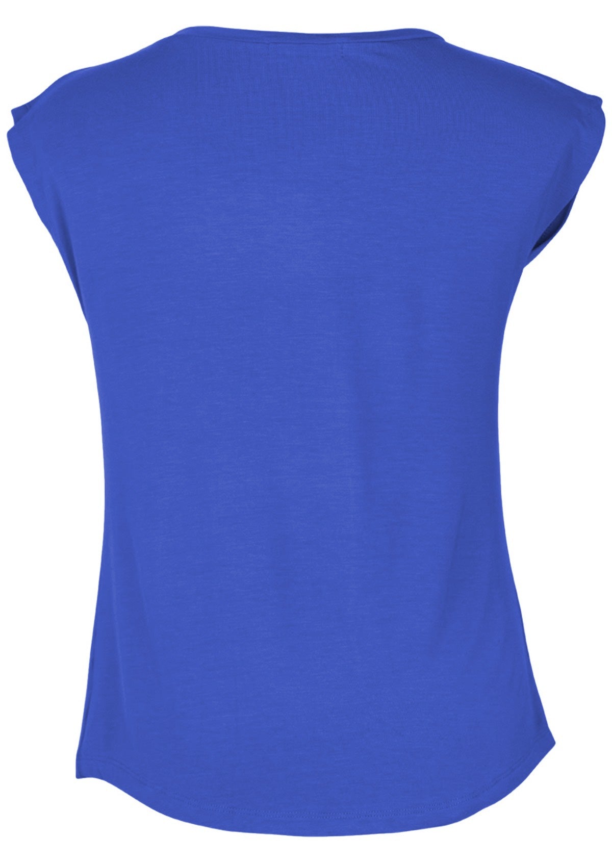 Back view of a women's blue v-neck short cap sleeve rayon top