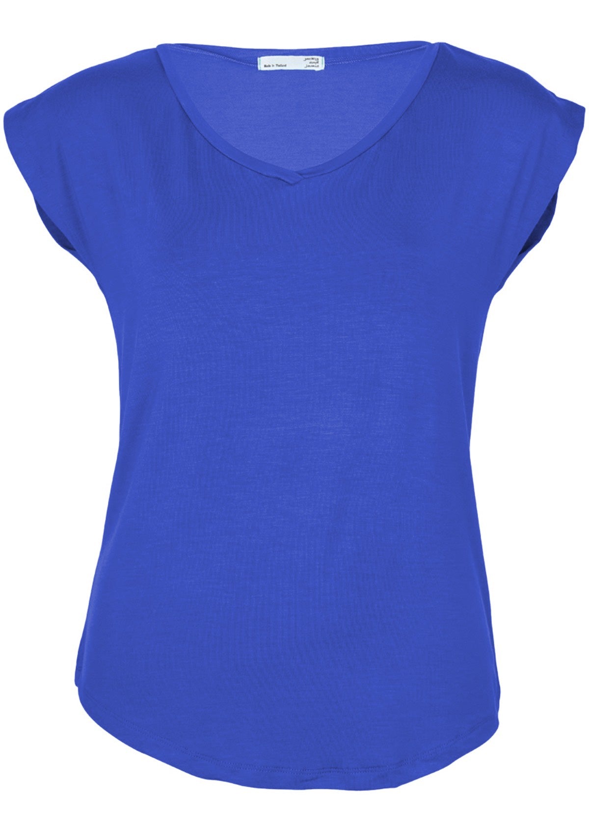 Front view of a women's blue v-neck short cap sleeve rayon top