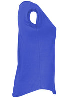 Side view of a women's blue v-neck short cap sleeve rayon top