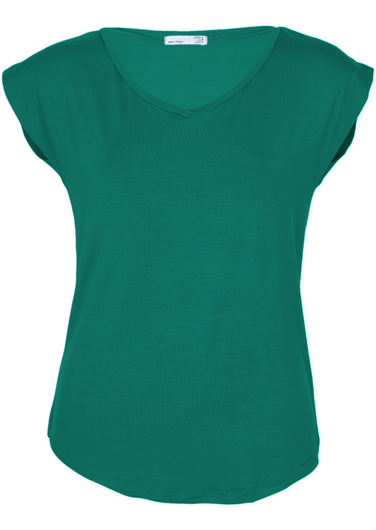 Front view of a women's green v-neck short cap sleeve rayon top