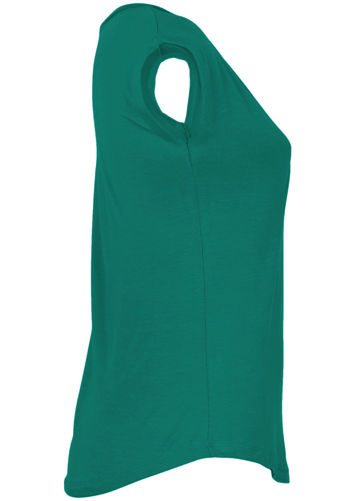 Side view of a women's green v-neck short cap sleeve rayon top