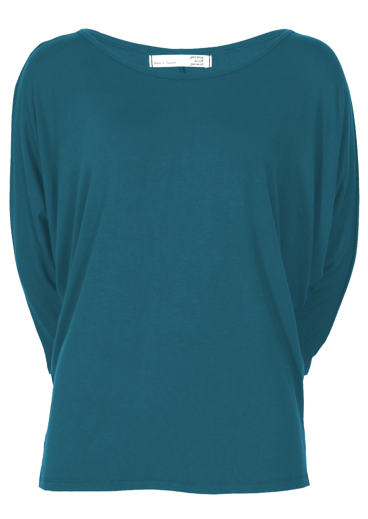 Front view of women's 3/4 sleeve rayon batwing round neckline teal top.