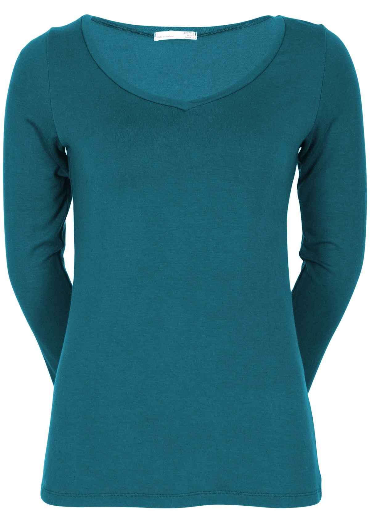 Front view of women's teal long sleeve stretch v-neck soft rayon top.