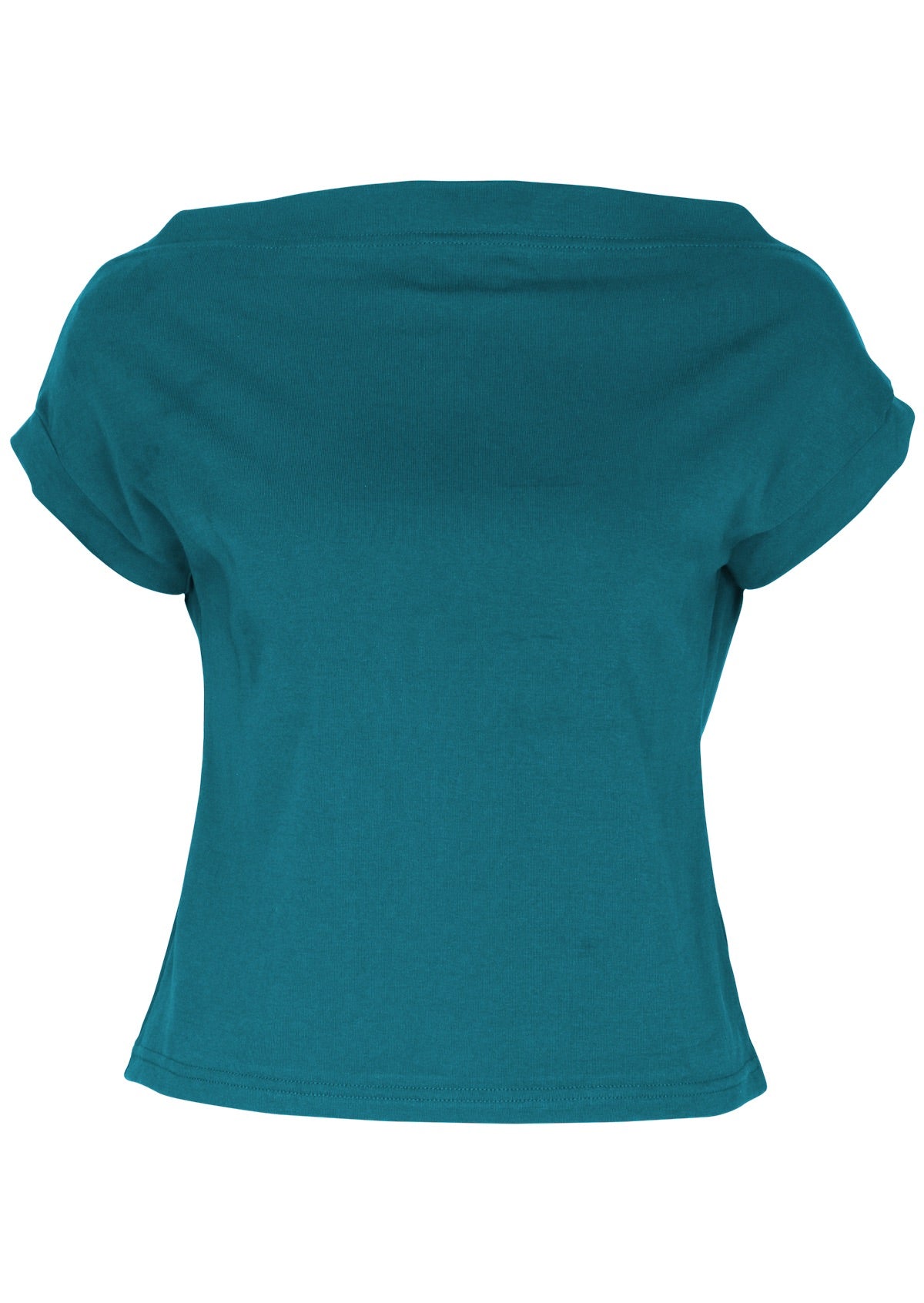 Front view of a women's wide neck mod teal stretch rayon boat neck top