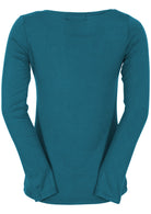 Back view of women's teal long sleeve stretch v-neck soft rayon top.