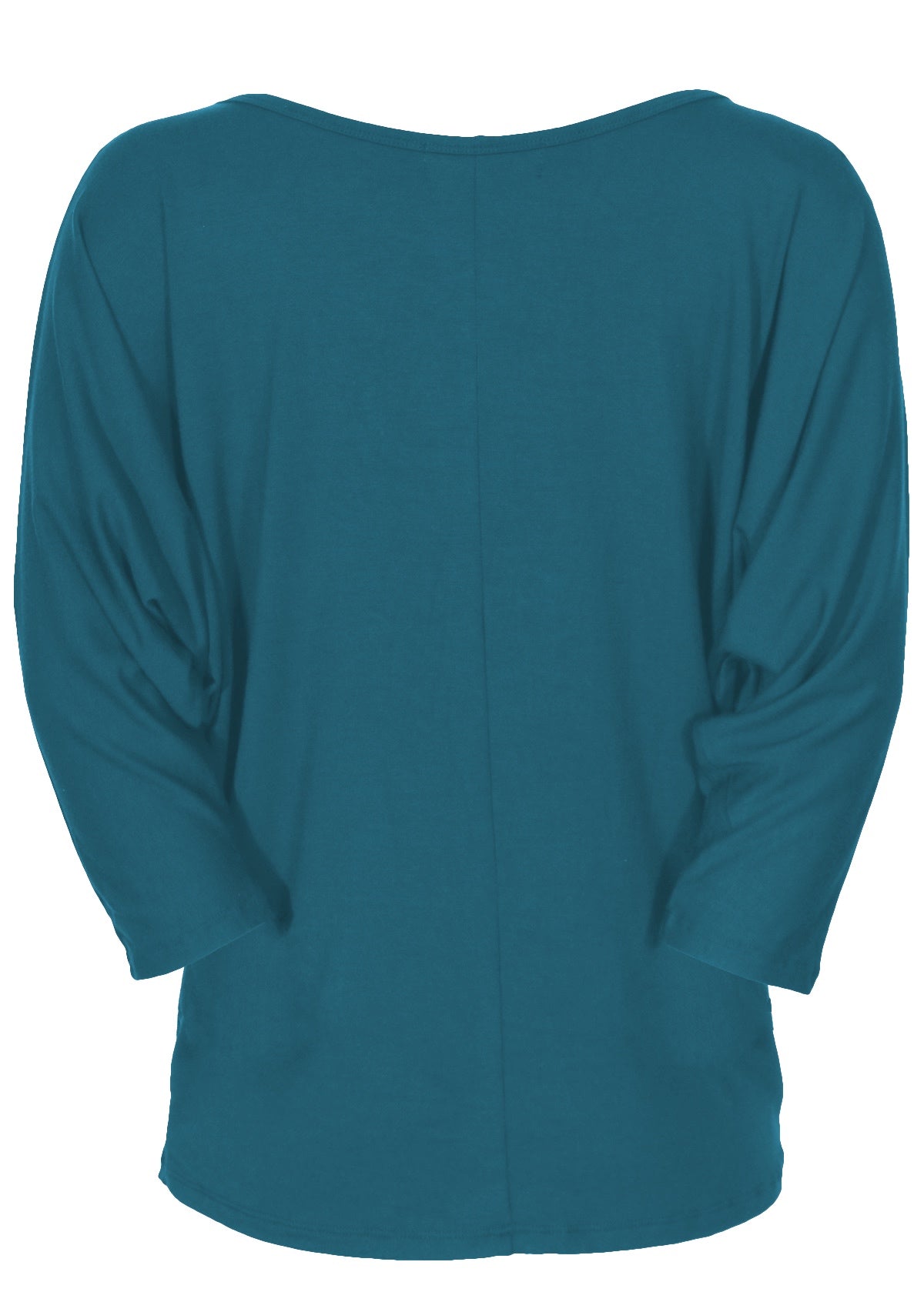 Back view of women's 3/4 sleeve rayon batwing round neckline teal top.