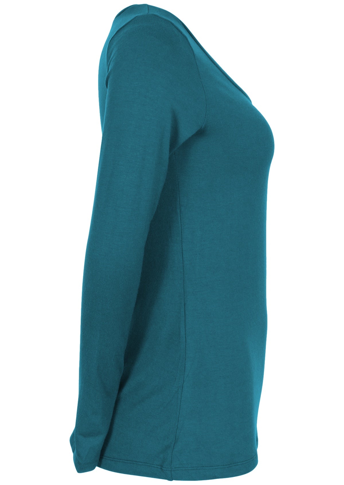 Side view of women's teal long sleeve stretch v-neck soft rayon top.