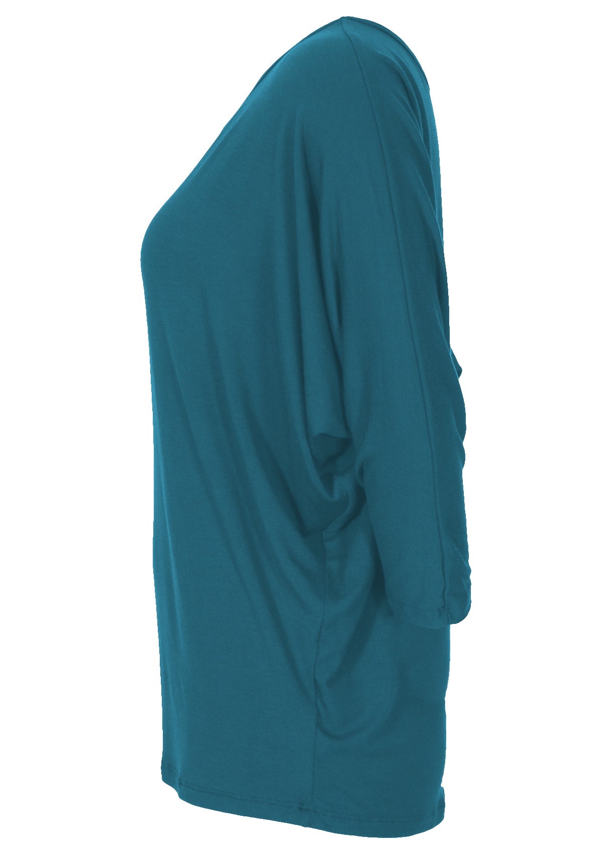 Side view of a women's 3/4 sleeve rayon batwing round neckline teal top.