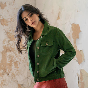 woman wearing khaki green corduroy jacket