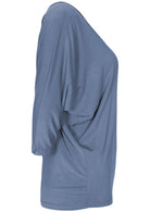 side view 3/4 sleeve blue grey top