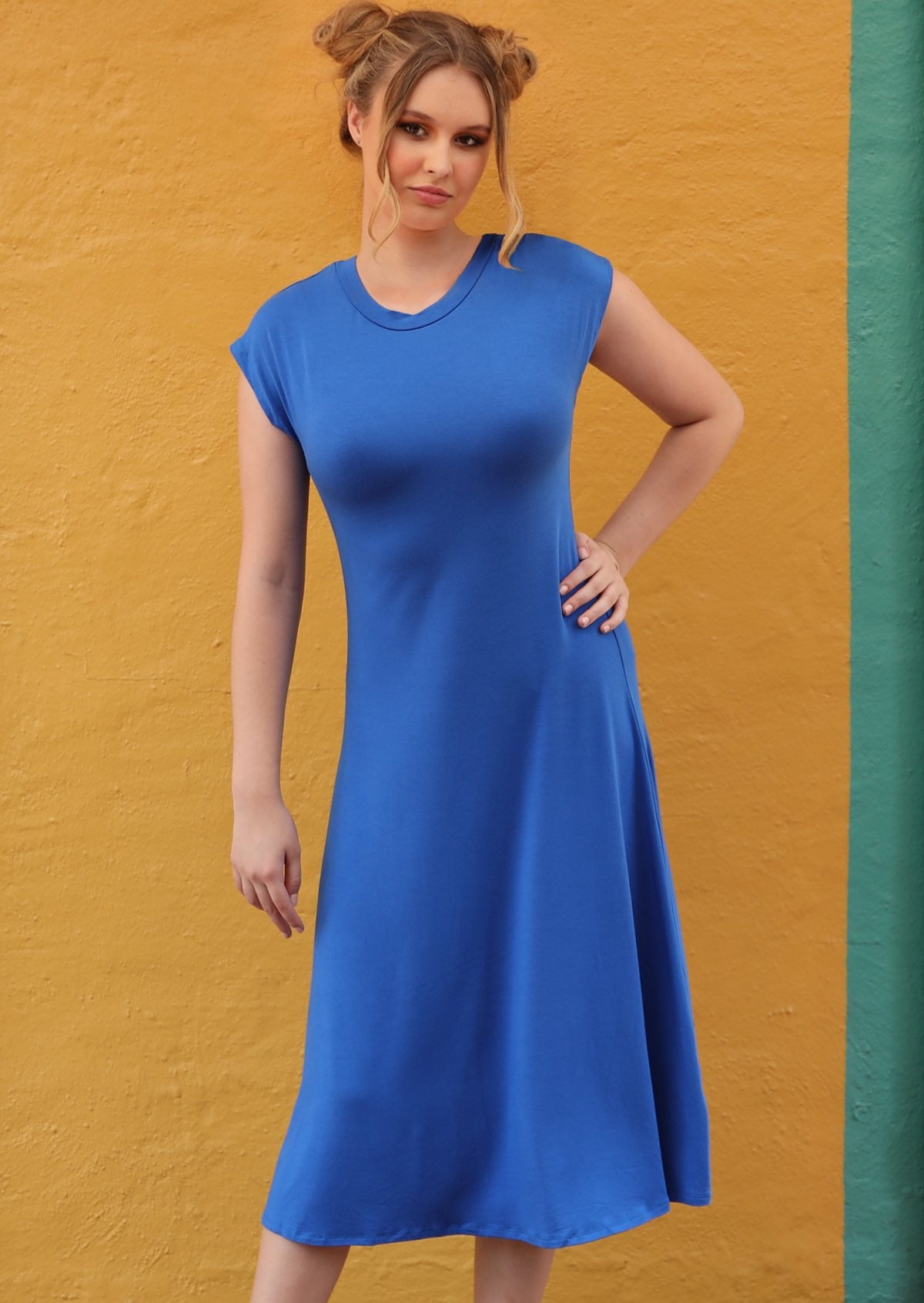 A-line Stretch Rayon Dress high round neck short cap sleeve fitted bodice a-line skirt midi length soft stretch rayon electric blue | Karma East Australia