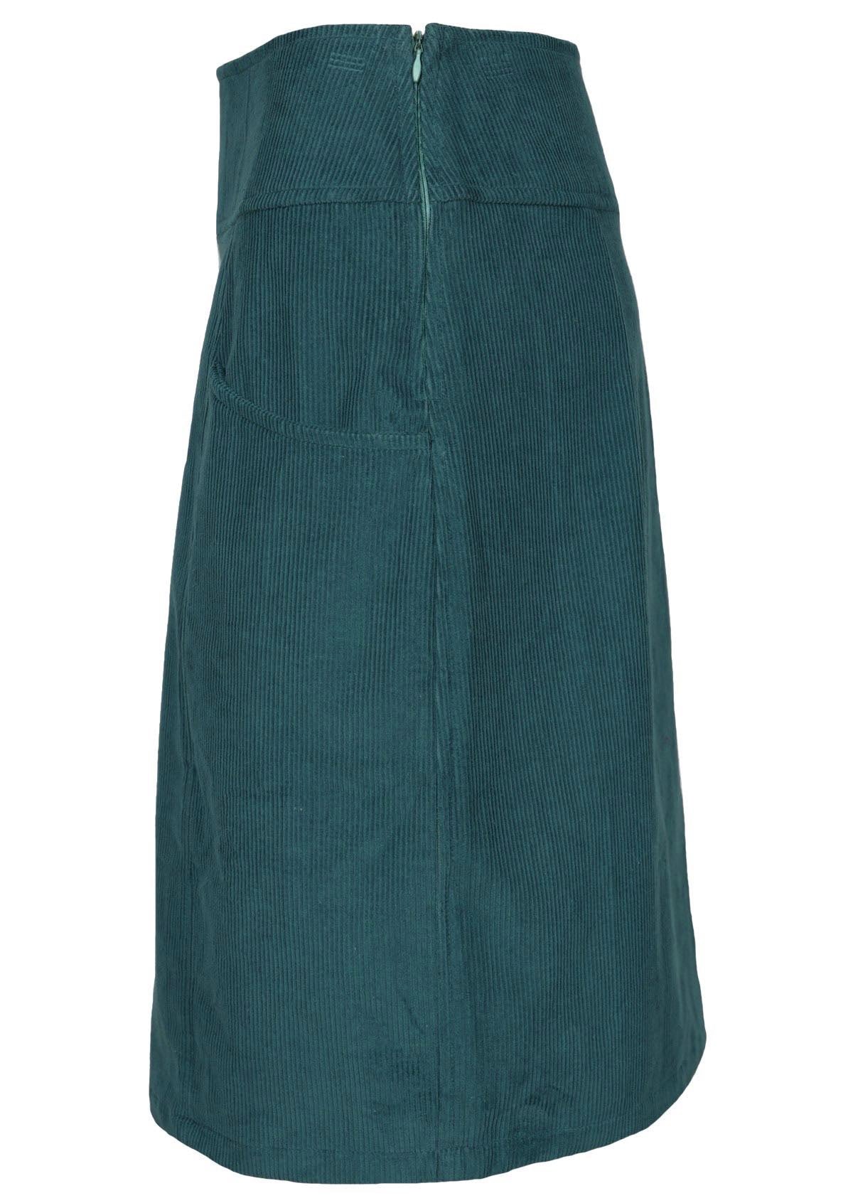Mid length corduroy skirt in a deep teal colour has a hidden side zip. 