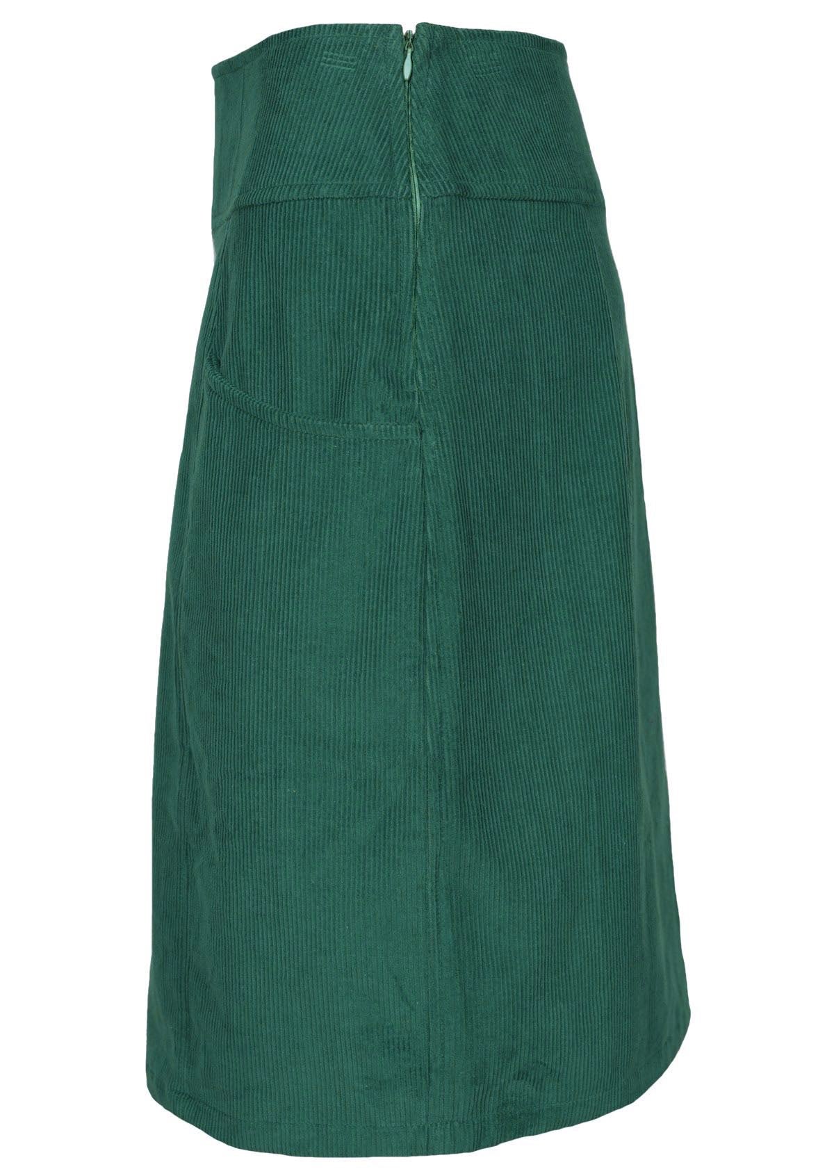 Green corduroy skirt features pockets and a hidden side zip. 