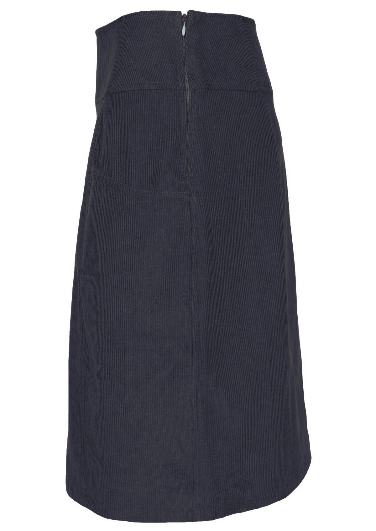 Deep bluish-grey skirt is mid length with pockets. 