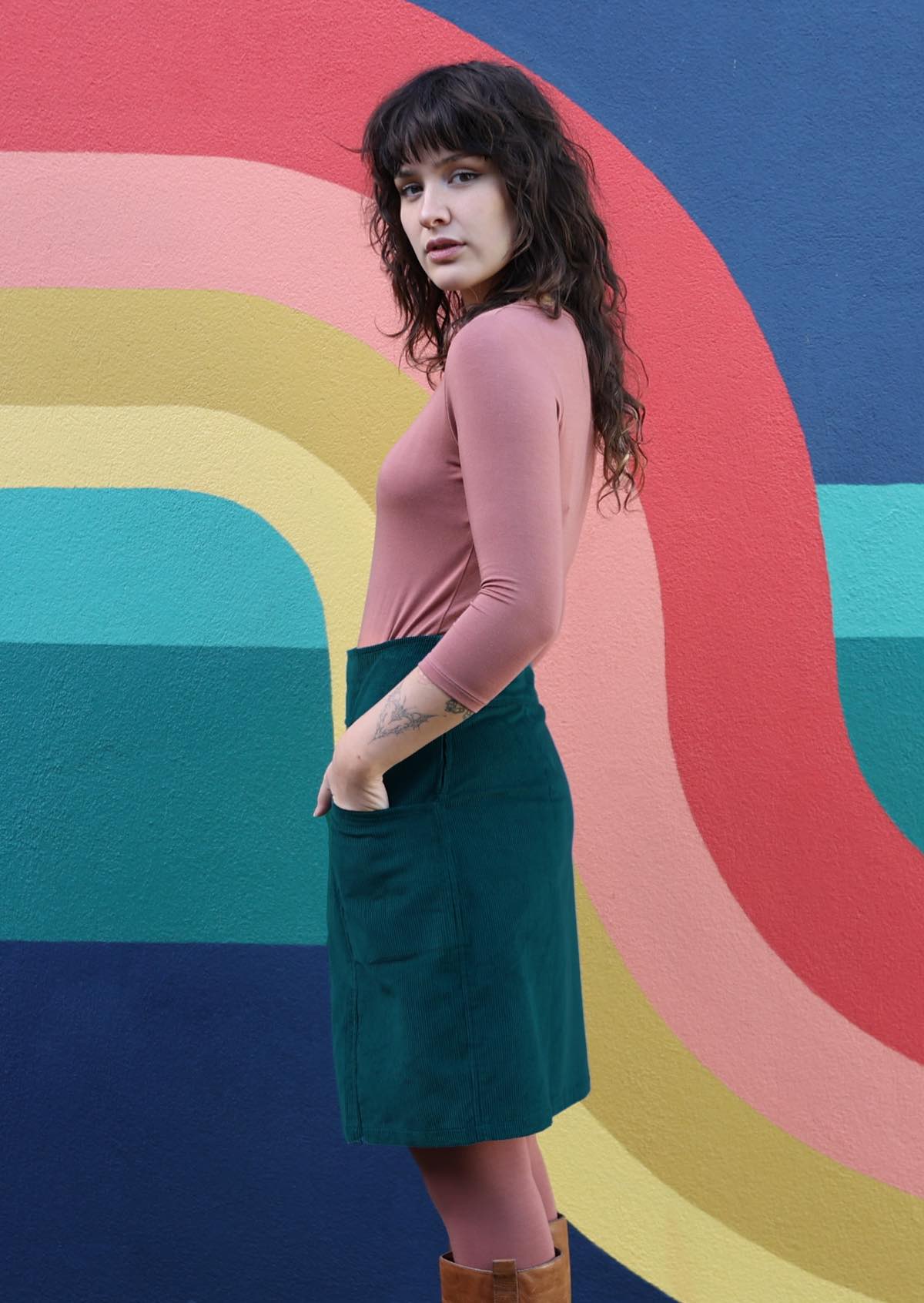 Above knee corduroy skirt with front pockets